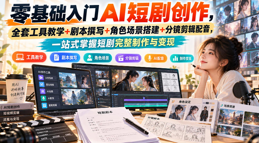 零基础入门AI短剧创作,全套工具教学+剧本撰写+角色场景搭建+分镜剪辑配音,一站式掌握短剧完整制作与变现-摇钱树