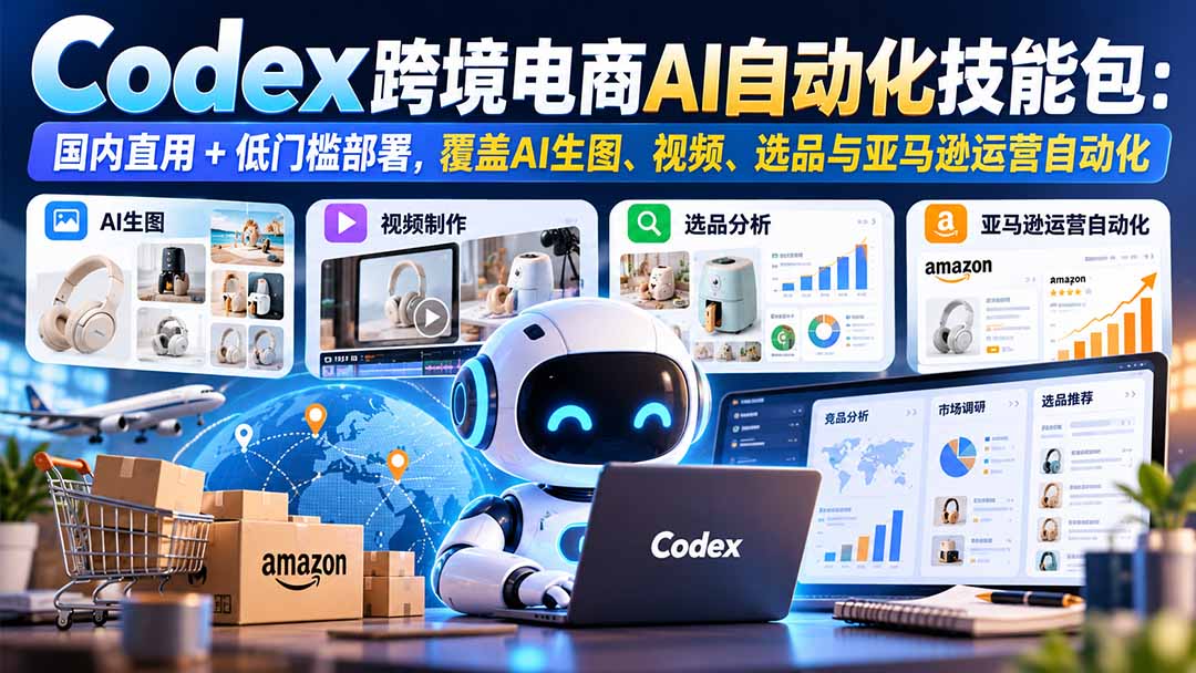 【无水印】Codex跨境电商AI自动化技能包：国内直用+低门槛部署，覆盖AI生图、视频、选品与亚马逊运营自动化-摇钱树