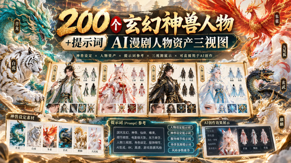 200个玄幻神兽人物+提示词ai漫剧人物资产三视图-摇钱树