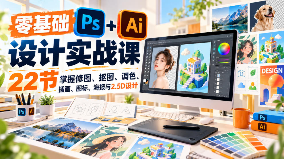 【无水印】零基础PS+AI设计实战课|22节掌握修图、抠图、调色、插画、图标、海报与2.5D设计-摇钱树