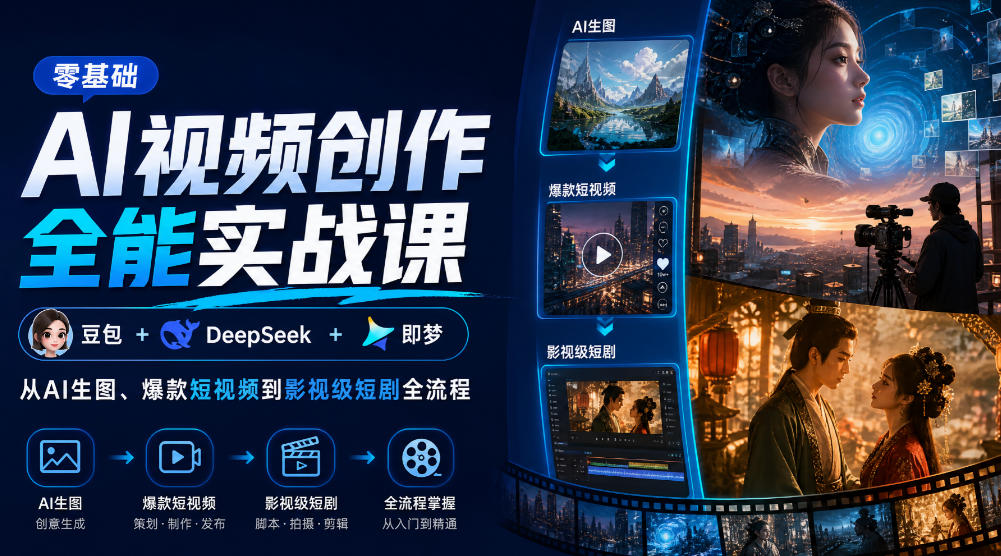零基础AI视频创作全能实战课｜豆包+DeepSeek+即梦，从AI生图、爆款短视频到影视级短剧全流程-摇钱树