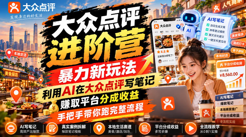 大众点评进阶营，暴力新玩法，利用AI在大众点评写笔记， 賺取平台分成收益，手把手带你跑完整流程-摇钱树