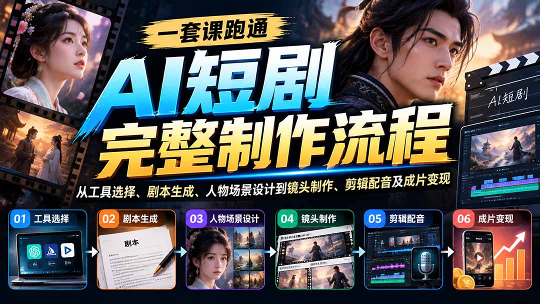 一套课跑通AI短剧完整制作流程:从工具选择、剧本生成、人物场景设计到镜头制作、剪辑配音及成片变现-摇钱树