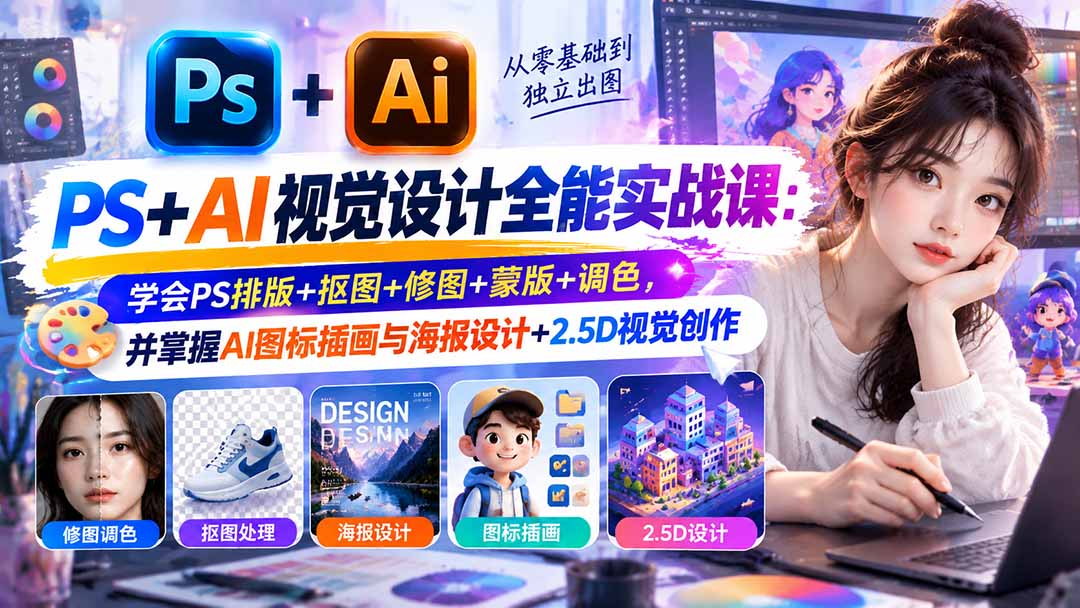 【无水印】PS+AI视觉设计全能实战课:学会PS排版+抠图+修图+蒙版+调色,并掌握AI图标插画与海报设计+2.5D视觉创作-摇钱树