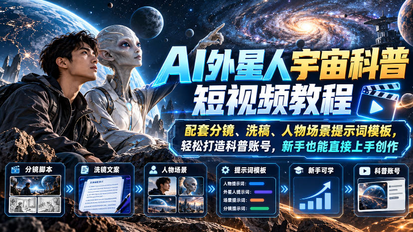 AI外星人宇宙科普短视频教程，配套分镜、洗稿、人物场景提示词模板，轻松打造科普账号，新手也能直接上手创作-摇钱树