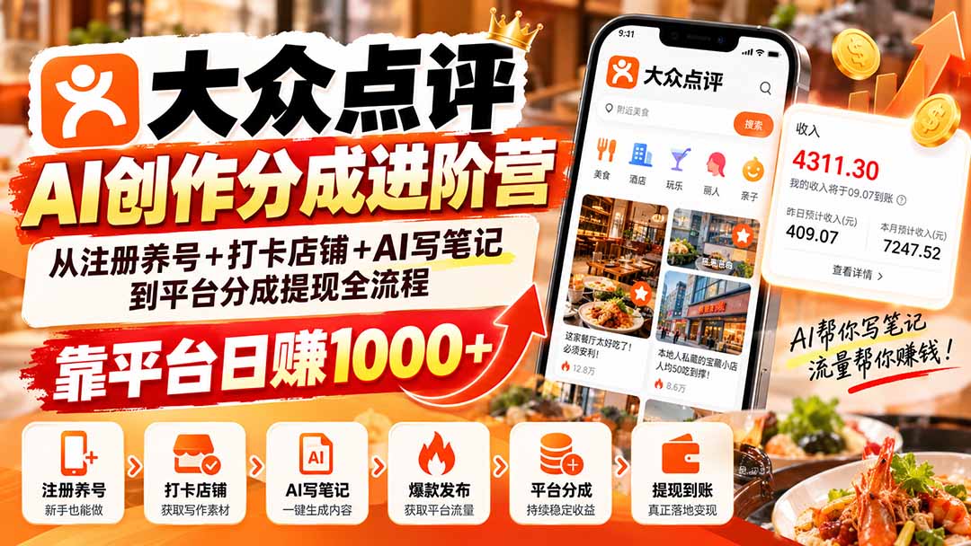 大众点评AI创作分成进阶营：从注册养号+打卡店铺+AI写笔记到平台分成提现全流程，靠平台日赚1000+-摇钱树
