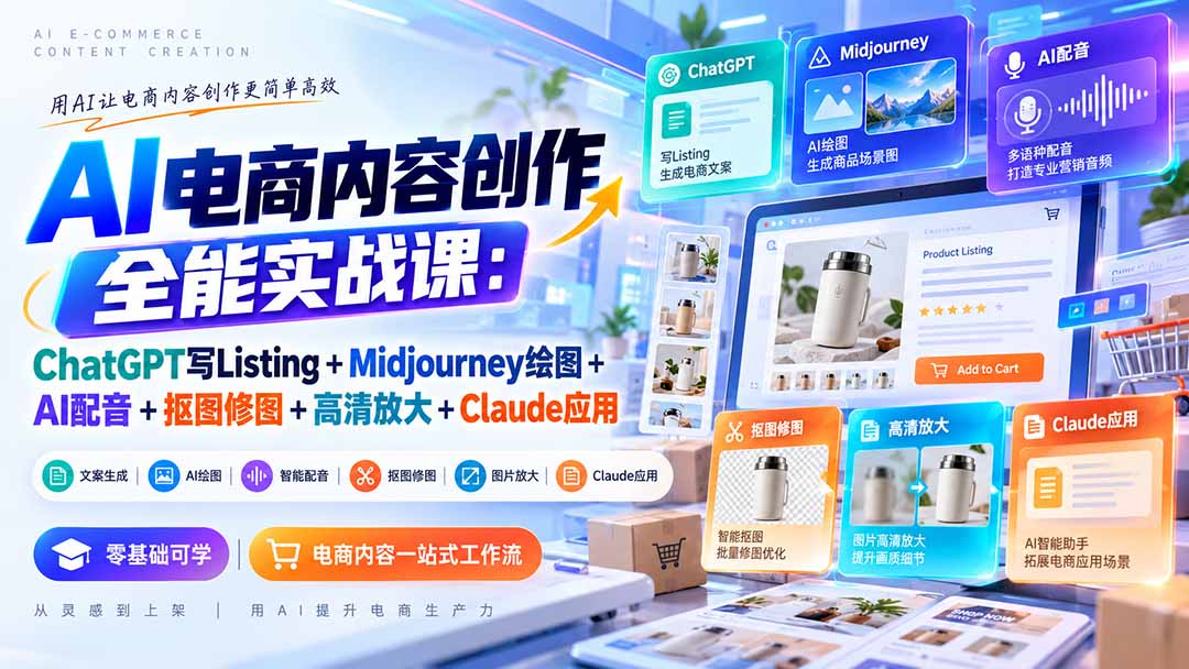 【无水印】AI电商内容创作全能实战课:ChatGPT写Listing+Midjourney绘图+AI配音+抠图修图+高清放大+Claude应用-摇钱树