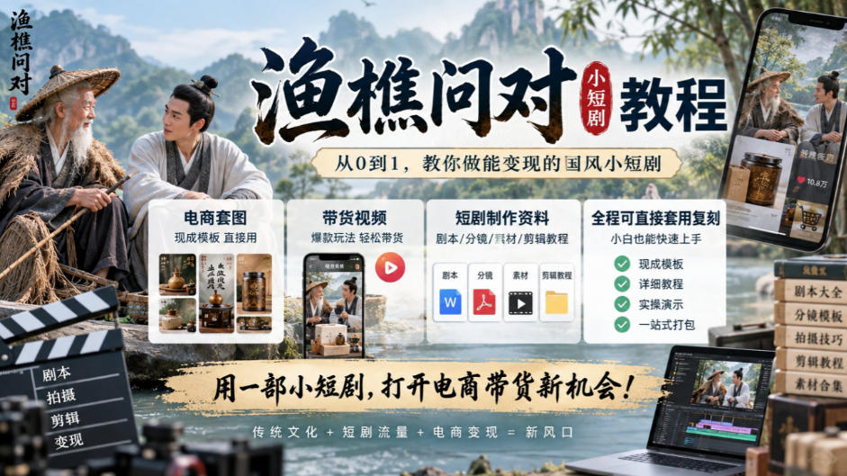 渔樵问对小短剧教程,包含电商套图、带货视频,短剧制作资料,全程可直接套用复刻-摇钱树