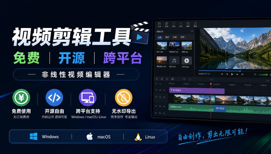 视频剪辑工具，免费、开源、跨平台，非线性视频编辑器，支持Windows、macOS、Linux，无水印、无订阅费用-摇钱树