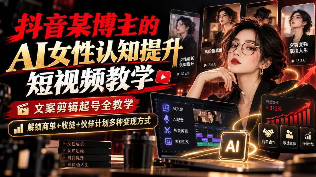 抖音某博主的Ai女性认知提升短视频教学，文案剪辑起号全教学，解锁商单+收徒+伙伴计划多种变现方式-摇钱树