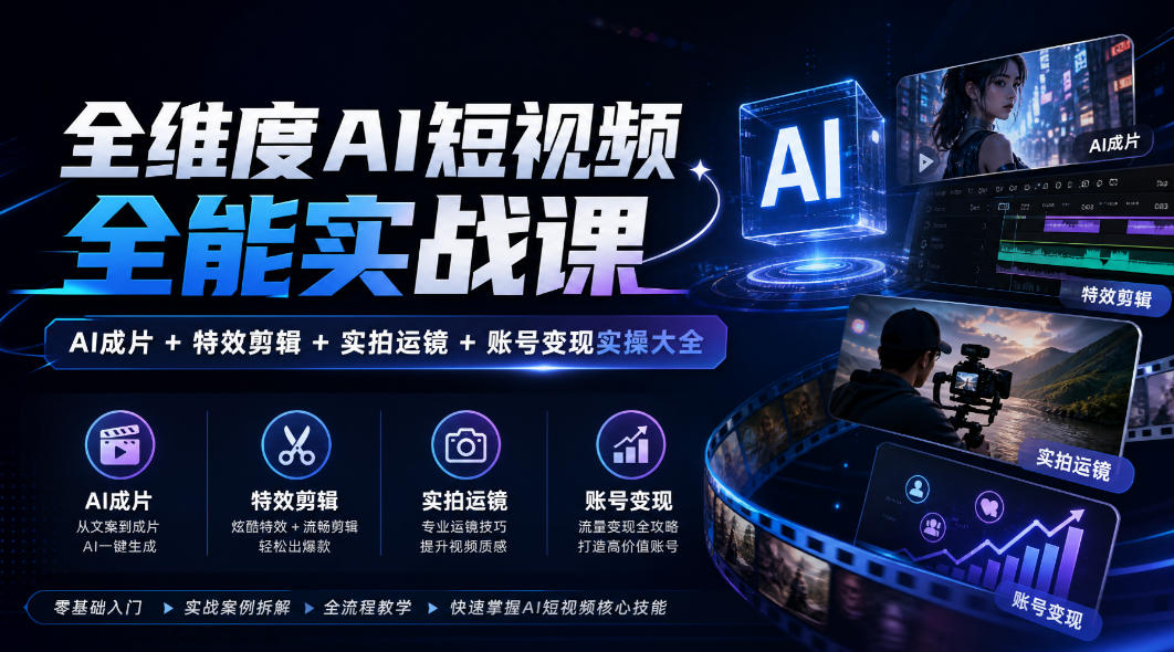 全维度AI短视频全能实战课，AI成片+特效剪辑+实拍运镜+账号变现实操大全-摇钱树