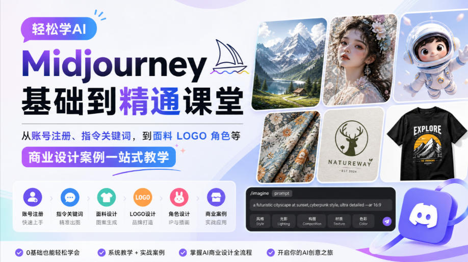 轻松学AI Midjourney基础到精通课堂，从账号注册、指令关键词，到面料LOGO角色等商业设计案例一站式教学-摇钱树