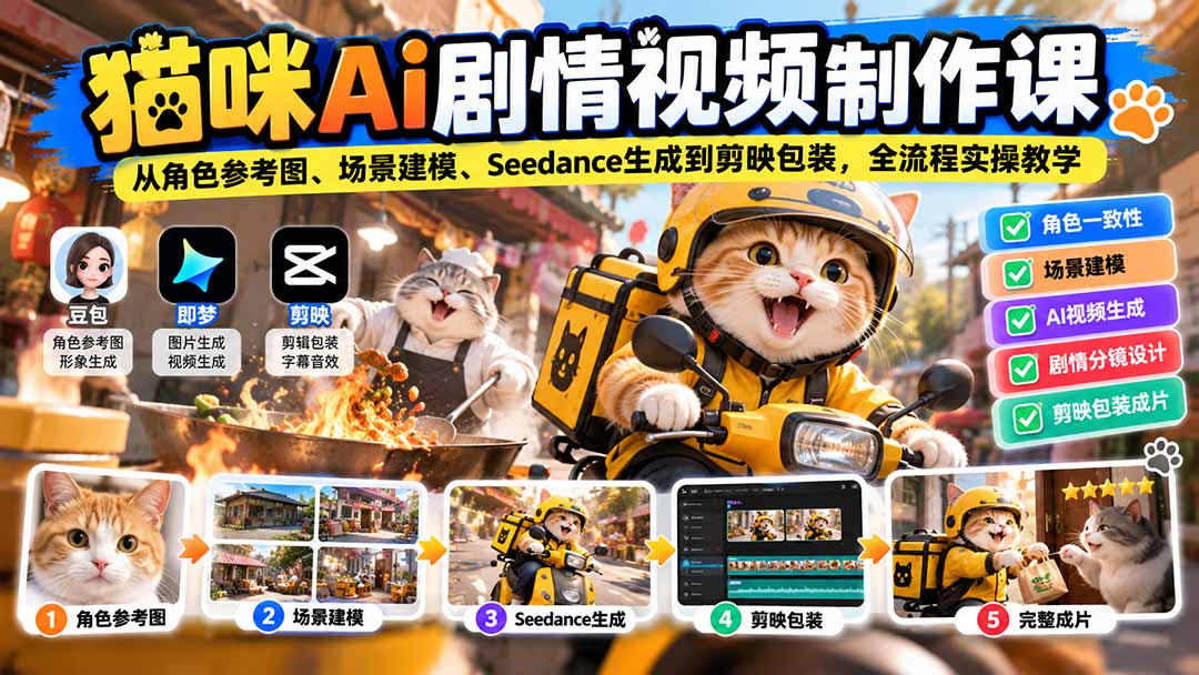 猫咪AI剧情视频制作课：从角色参考图、场景建模、Seedance生成到剪映包装，全流程实操教学-摇钱树