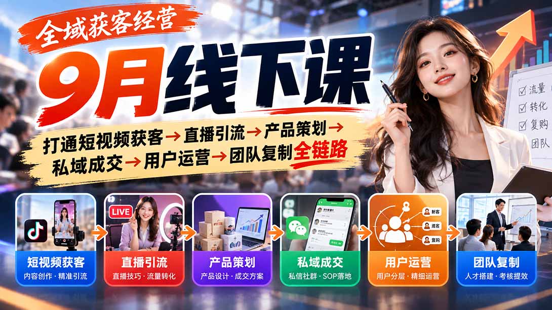 全域获客经营9月线下课:打通短视频获客→直播引流→产品策划→私域成交→用户运营→团队复制全链路-摇钱树