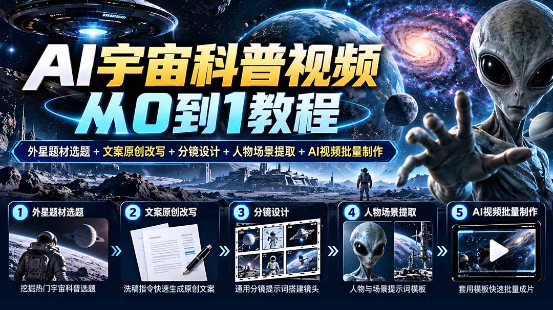AI宇宙科普视频从0到1教程｜外星题材选题+文案原创改写+分镜设计+人物场景提取+AI视频批量制作-摇钱树