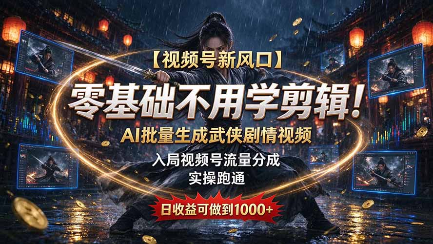 【视频号新风口】零基础不用学剪辑!AI 批量生成武侠剧情视频,入局视频号流量分成,实操跑通,日收益可做到 1000+-摇钱树
