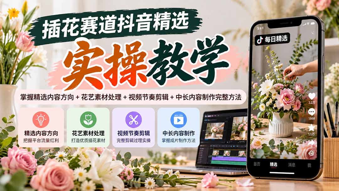 插花赛道抖音精选实操教学：掌握精选内容方向+花艺素材处理+视频节奏剪辑+中长内容制作完整方法-摇钱树