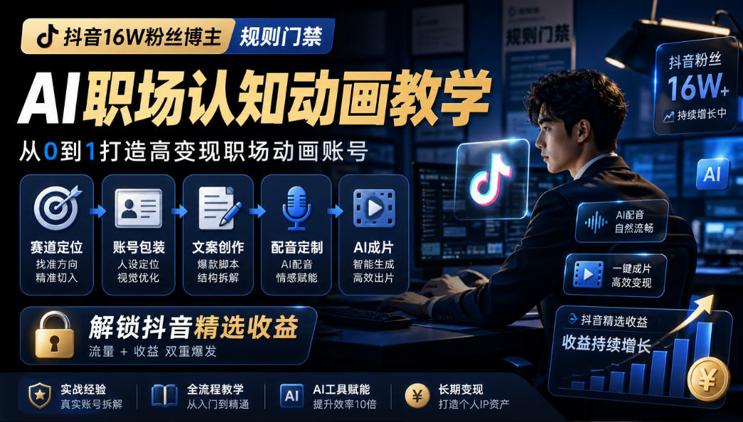 抖音16W粉丝博主规则门禁的AI职场认知动画教学，从赛道定位、账号包装，到文案创作、配音定制、AI成片，解锁抖音精选收益-摇钱树