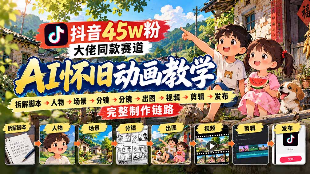 抖音45W粉大佬同款赛道AI怀旧动画教学:拆解脚本→人物→场景→分镜→出图→视频→剪辑→发布完整制作链路-摇钱树