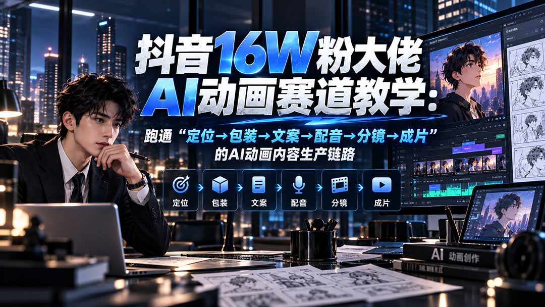 抖音16W粉大佬规则门禁AI动画赛道教学：跑通“定位→包装→文案→配音→分镜→成片”的AI动画内容生产链路-摇钱树