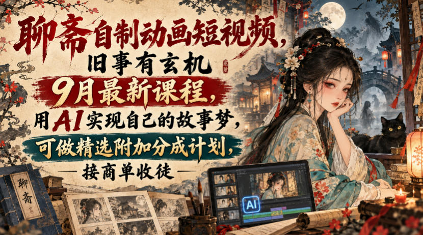 聊斋自制动画短视频,旧事有玄机9月最新课程,用AI实现自己的故事梦,可做精选附加分成计划,接商单收徒-摇钱树
