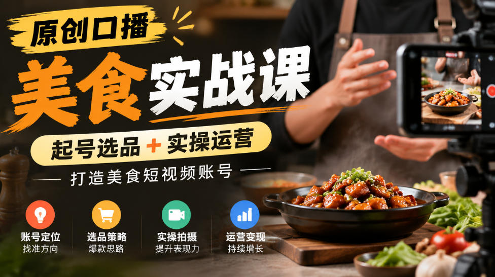 原创口播美食实战课，起号选品+实操运营，打造美食短视频账号-千帆创业