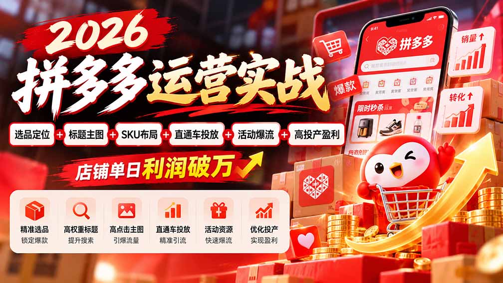 2026拼多多运营实战-更新1002:选品定位+标题主图+SKU布局+直通车投放+活动爆流+高投产盈利 店铺单日利润破万-好学创业资源