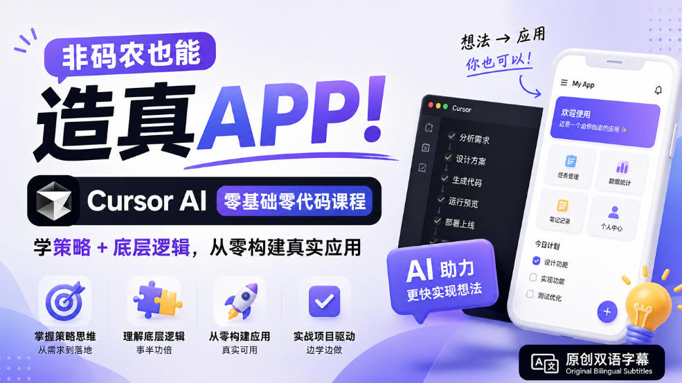 非码农也能造真APP!Cursor AI零基础零代码课程:学策略+底层逻辑,从零构建真实应用【原创双语字幕】-摇钱树