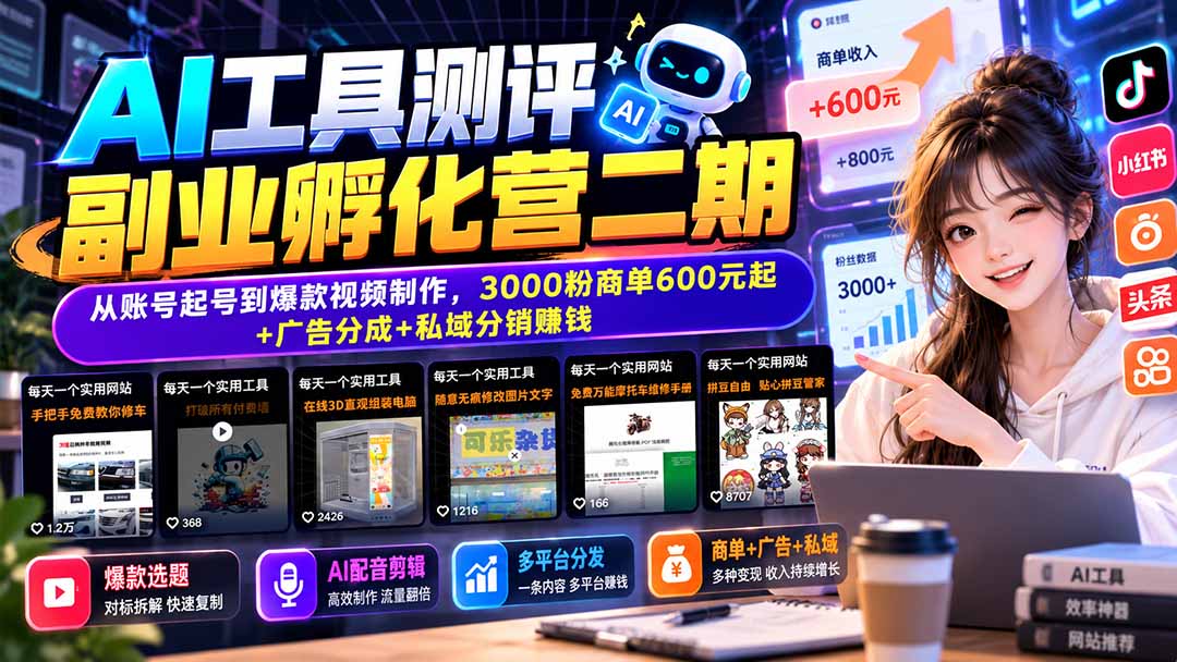 AI工具测评副业孵化营二期:从账号起号到爆款视频制作,3000粉商单600元起+广告分成+私域分销赚钱-摇钱树