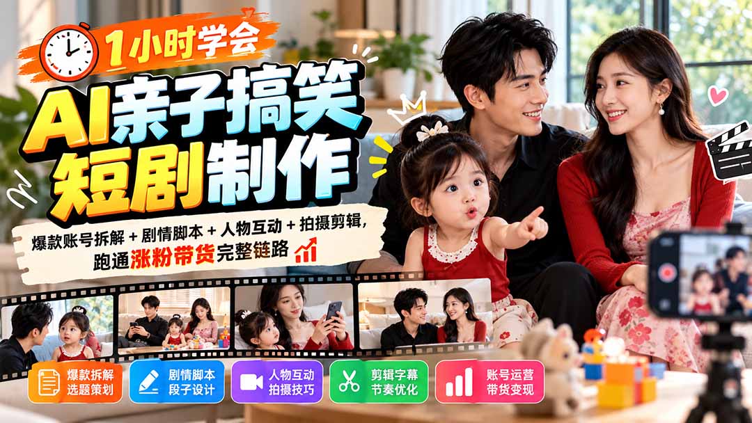 1小时学会AI亲子搞笑短剧制作：爆款账号拆解+剧情脚本+人物互动+拍摄剪辑，跑通涨粉带货完整链路-摇钱树