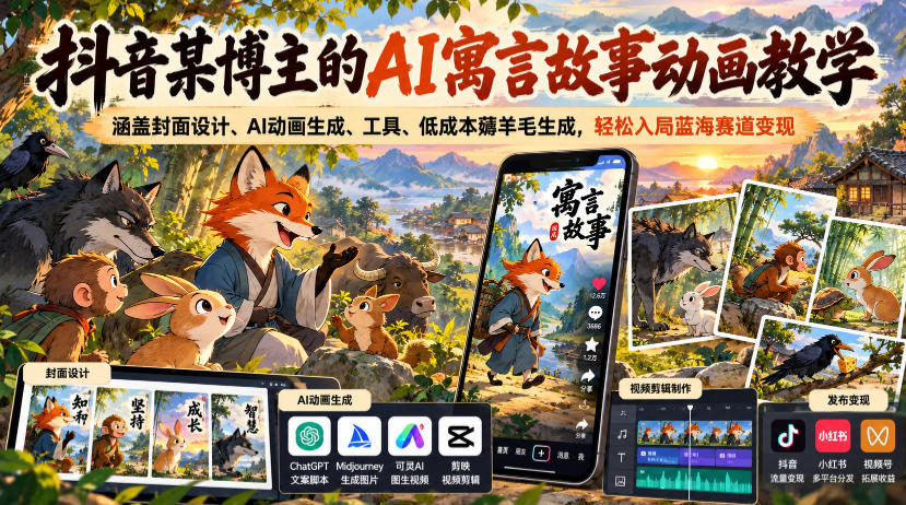 抖音某博主的AI寓言故事动画教学,涵盖封面设计、AI动画生成、工具、低成本薅羊毛生成,轻松入局蓝海赛道变现-摇钱树