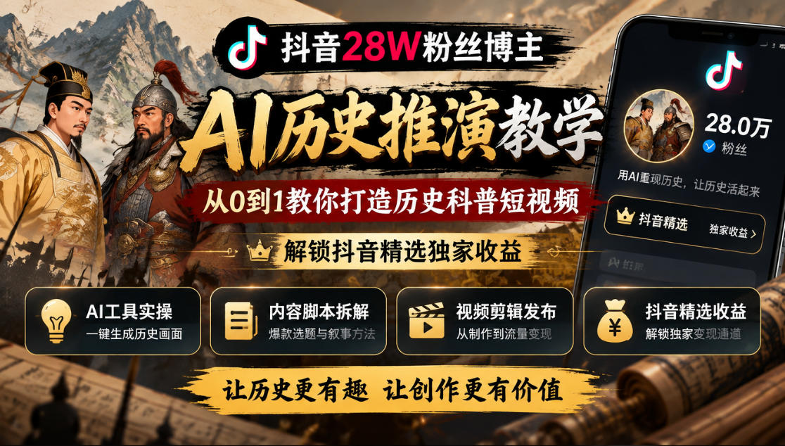 抖音28W粉丝博主的AI历史推演教学，从0到1教你打造历史科普短视频，解锁抖音精选独家收益-摇钱树