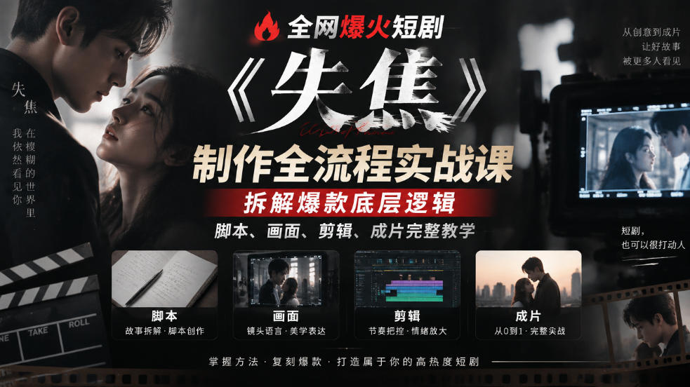 全网爆火短剧《失焦》制作全流程实战课|拆解爆款底层逻辑,脚本、画面、剪辑、成片完整教学-摇钱树