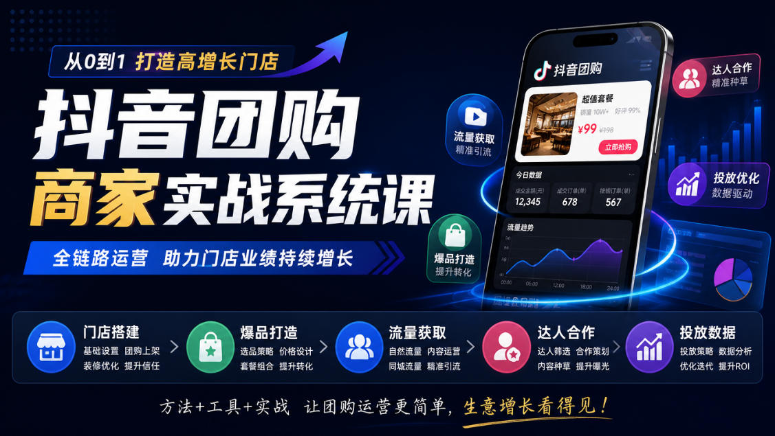 抖音团购商家实战系统课|门店搭建、爆品打造、流量获取、达人合作、投放数据全链路运营-摇钱树