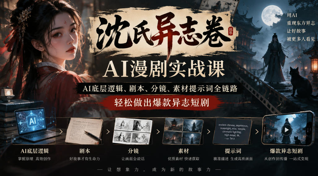 沈氏异志卷AI漫剧实战课|AI底层逻辑、剧本、分镜、素材提示词全链路,轻松做出爆款异志短剧-摇钱树