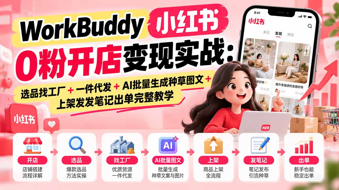 WorkBuddy小红书0粉开店变现实战:选品找工厂+一件代发+AI批量生成种草图文+上架发发笔记出单完整教学-摇钱树