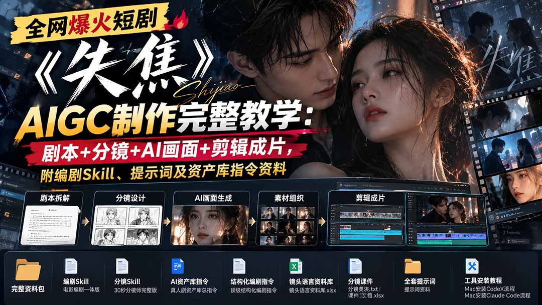 全网爆火短剧《失焦》AIGC制作完整教学：剧本+分镜+AI画面+剪辑成片，附编剧Skill、提示词及资产库指令资料-摇钱树