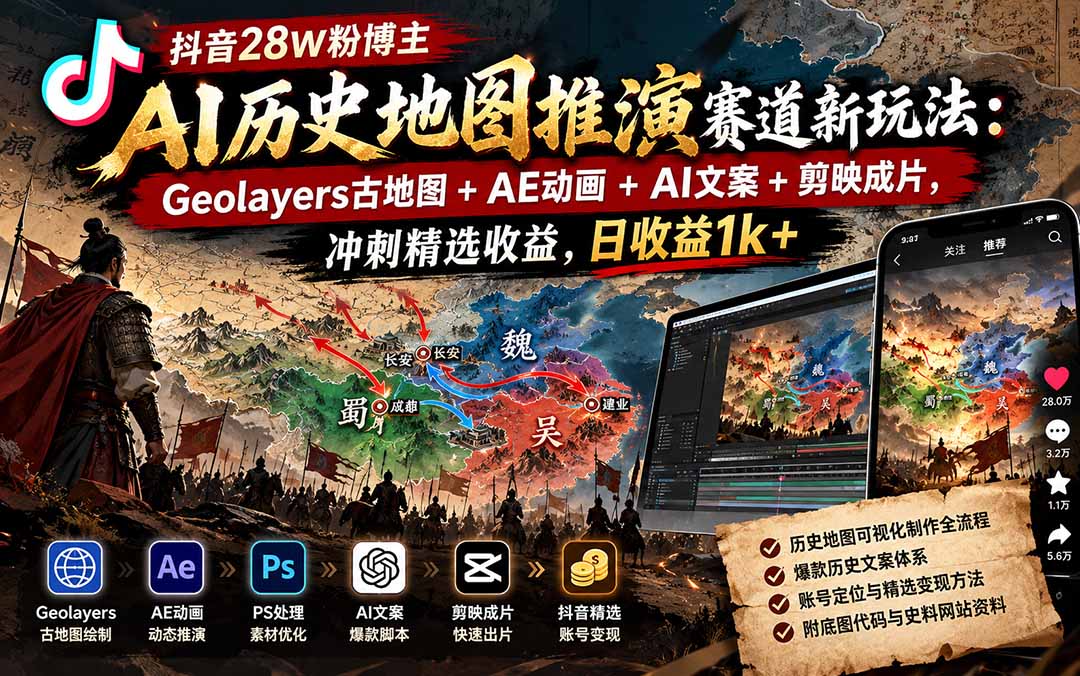 抖音28W粉博主AI历史地图推演赛道新玩法:Geolayers古地图+AE动画+AI文案+剪映成片,冲刺精选收益,日收益1k+-摇钱树