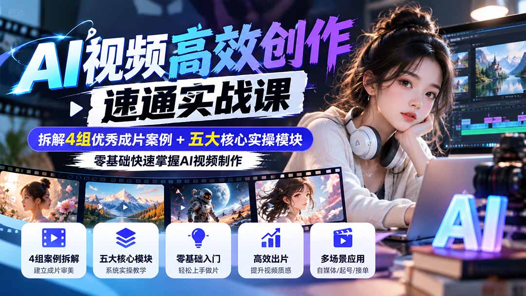 【无水印】AI视频高效创作速通实战课：拆解4组优秀成片案例+五大核心实操模块，零基础快速掌握AI视频制作-摇钱树