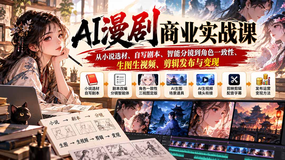 AI漫剧商业实战课:从小说选材、自写剧本、智能分镜到角色一致性、生图生视频、剪辑发布与变现-摇钱树