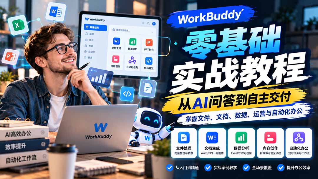 WorkBuddy零基础实战教程:从AI问答到自主交付,掌握文件、文档、数据、运营与自动化办公-摇钱树
