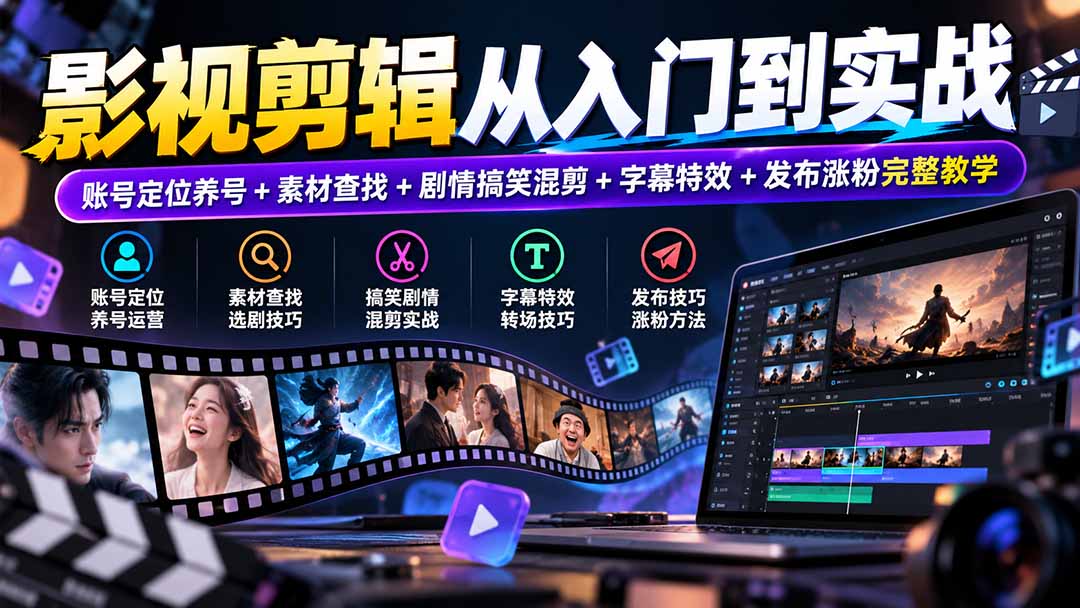 影视剪辑从入门到实战:账号定位养号+素材查找+剧情搞笑混剪+字幕特效+发布涨粉完整教学-摇钱树