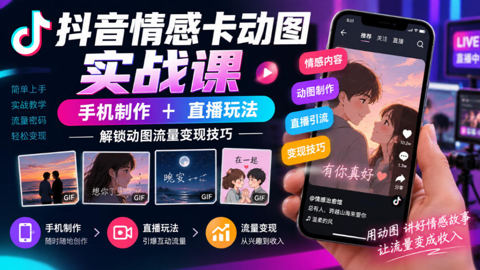 抖音情感卡动图实战课|手机制作+直播玩法,解锁动图流量变现技巧-摇钱树