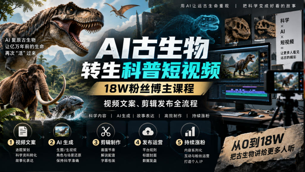 AI古生物转生科普短视频，18W粉丝博主课程，视频文案、剪辑发布全流程-好学创业资源