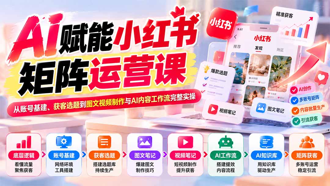 AI赋能小红书矩阵运营课:从账号基建、获客选题到图文视频制作与AI内容工作流完整实操-摇钱树