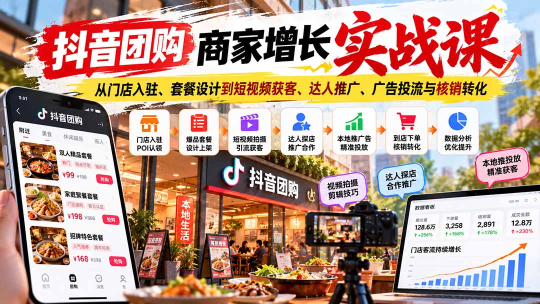 抖音团购商家增长实战课：从门店入驻、套餐设计到短视频获客、达人推广、广告投流与核销转化-摇钱树