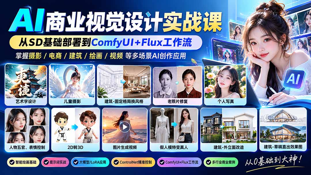 【无水印】AI商业视觉设计实战课：从SD基础部署到ComfyUI+Flux工作流，掌握摄影电商建筑AI创作-摇钱树