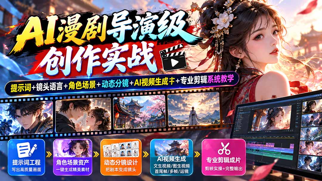 AI漫剧导演级创作实战：提示词+镜头语言+角色场景+动态分镜+AI视频生成+专业剪辑系统教学-摇钱树