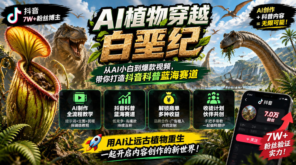 抖音7W粉丝博主的AI植物穿越白垩纪教学，抖音科普蓝海赛道，解锁商单收徒伙伴计划等多种收益-摇钱树