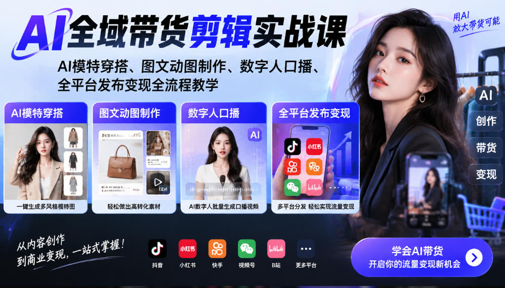 AI全域带货剪辑实战课|AI模特穿搭、图文动图制作、数字人口播、全平台发布变现全流程教学-摇钱树